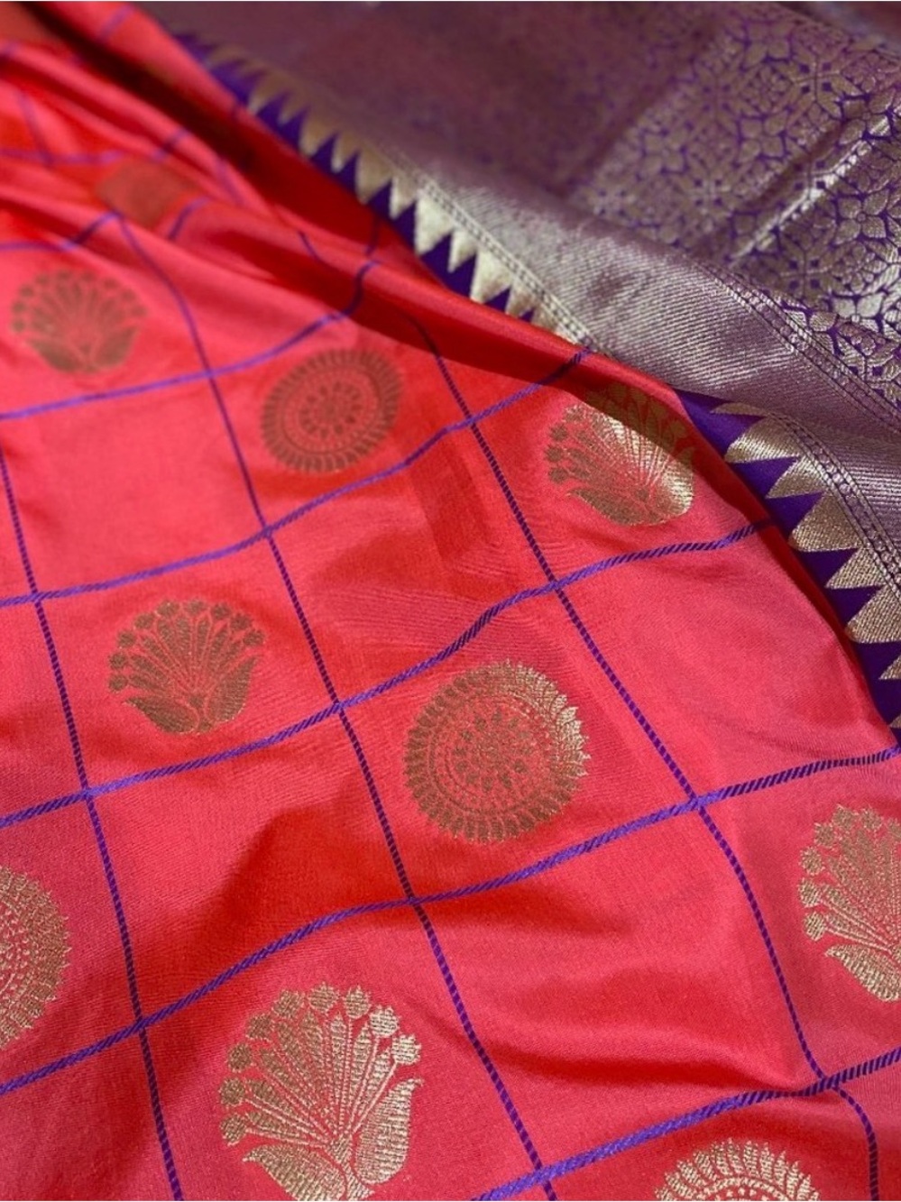 Bright Pink Saree with Gold Motif and Purple Border
